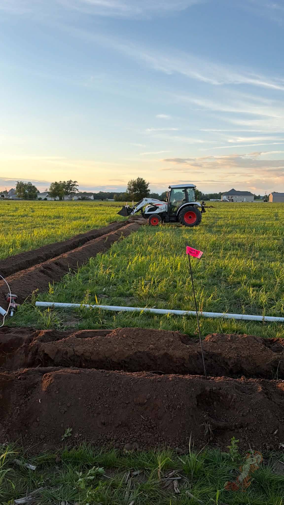 Tractor backfilling trenches after installation of the orchard irrigation mainline at Nuts About Dee's Berries.