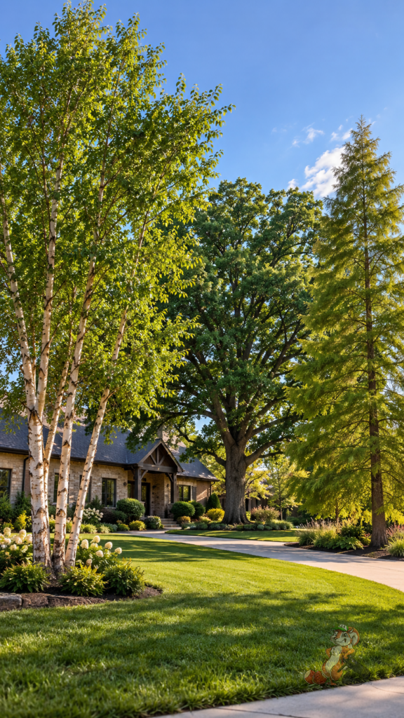River birch, white oak and bald cypress trees in a residential landscape representing the Nuts About Dee’s Berries free tree giveaway in Brodhead, Wisconsin.